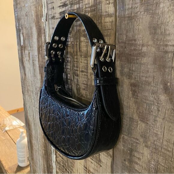 NEW By Far Soho Circular Mini Shoulder Bag Black crocodile purse silver Y2K $570 - Picture 13 of 14